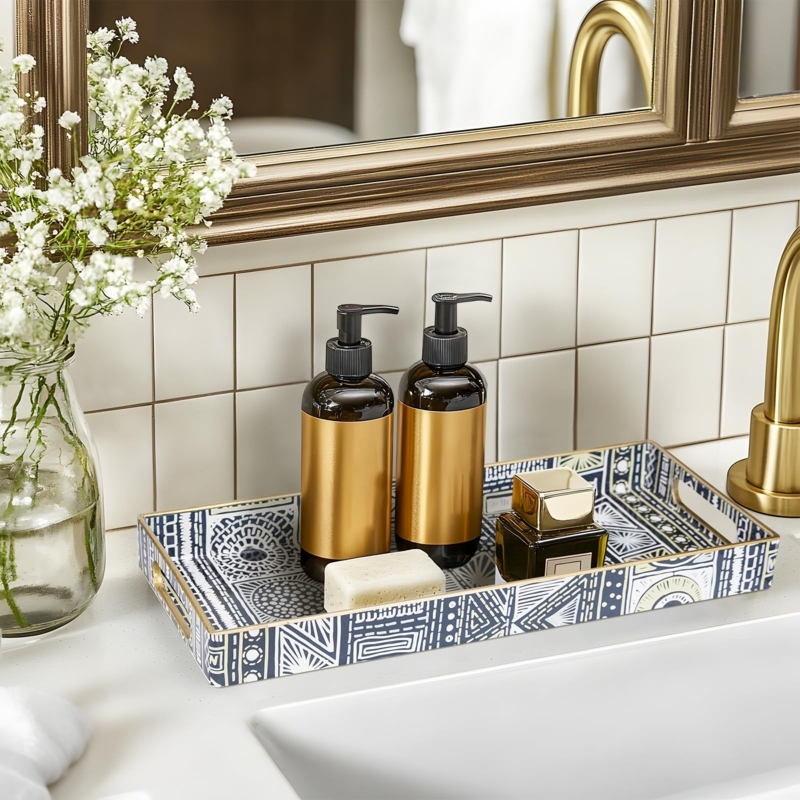 Vanity Tray Amber Finish with Gold Handles, Narrow Rectangular