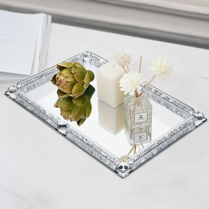 Vanity Tray: Crushed Diamond Border, Mirrored Base, Chic Vanity Tray