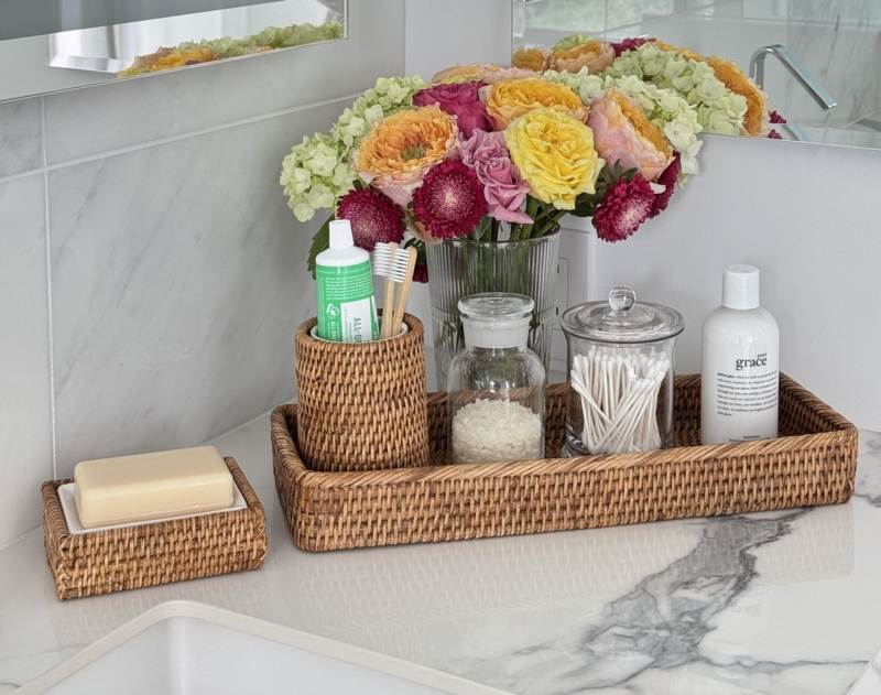 Vanity Tray Elongated Oval Woven Rattan Honey Coastal Boho Countertop