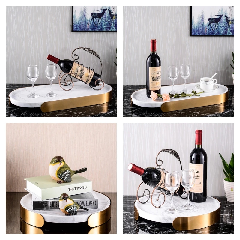 Vanity Tray Marble Look Base Gold Metal Handles Rectangular Luxury