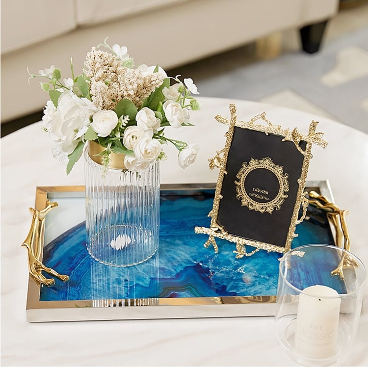 Vanity Tray Rectangular Ribbed Amber Glass Gold Metal Frame Modern Glam