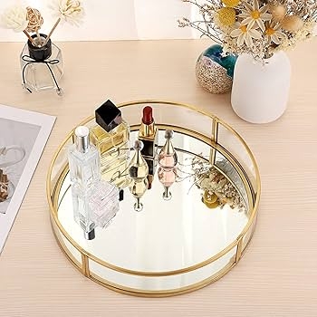 Vanity Tray Round Mirrored Base Geometric Gold Railing Glam Vanity Decor