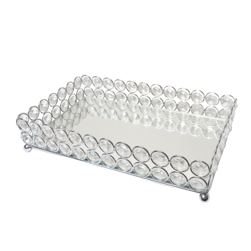 Vanity Tray with Ellipse Shape & Beaded Trim, Mirrored Tray for Perfume