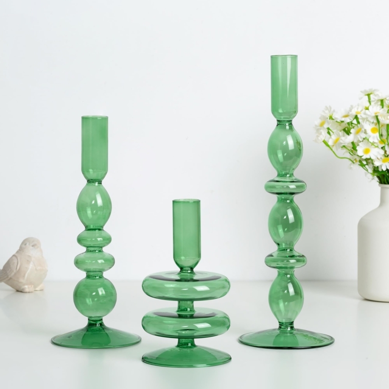Varied Spindle Candlestick Holders Sage Glass Ribbed Vintage Set