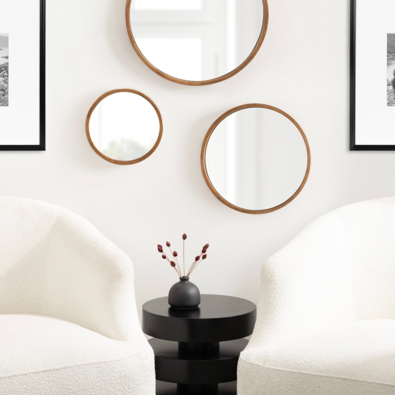 Varying Size Wooden Wall Mirrors: Round Rustic Natural Grain Set