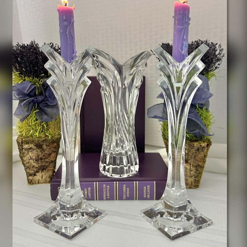 Vase and Candle Holder Set Frosted Floral Etching Tulip Shape Crystal