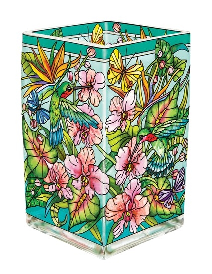 Vase Hummingbird Motif Hibiscus Floral Print Glass Cylinder Glossy