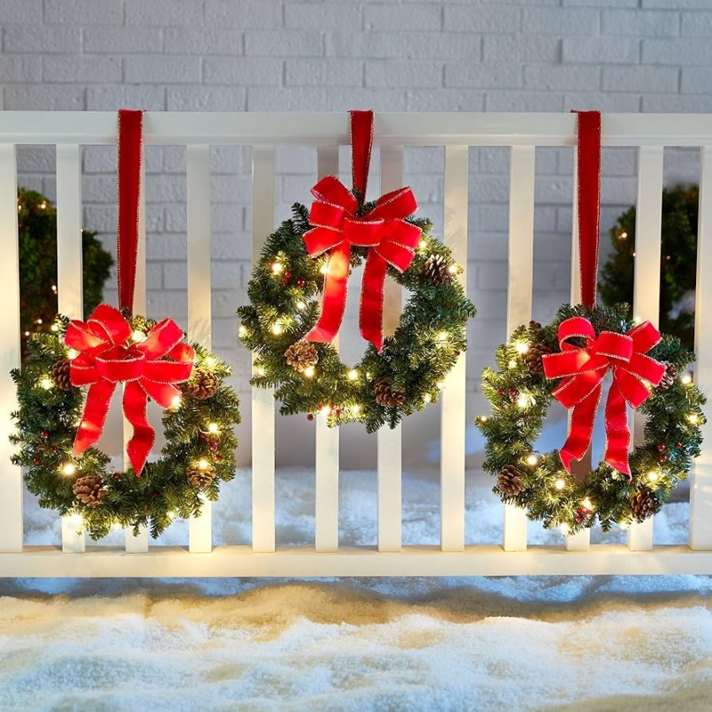 Vertically Stacked Christmas Wreath Set, Pre-Lit with Ball Ornaments