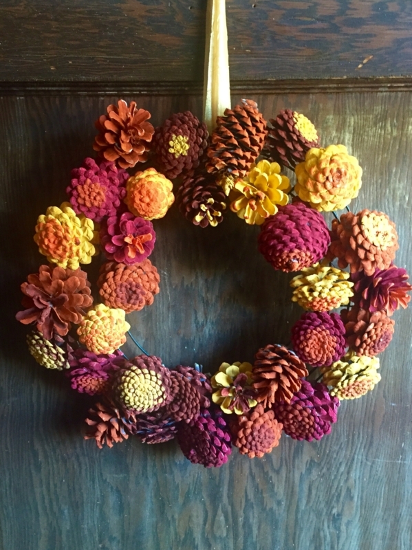 Vibrant Multi-Color Pinecone Wreath Eclectic Autumnal Wall Hanging Boho