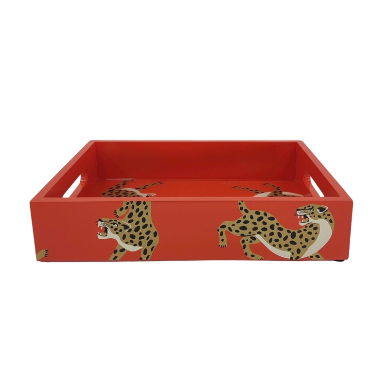 Vibrant Orange Decorative Tray Jungle Cat Illustration (60 characters)