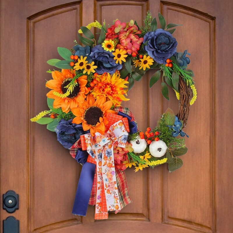 Vibrant Seasonal Wreath with a Dense Arrangement of Warm Blooms