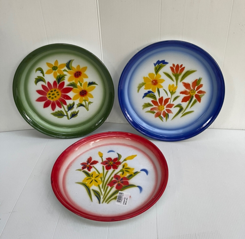 Vibrant Thai Floral Serving Tray Scalloped Rim Enamel Glossy Yellow