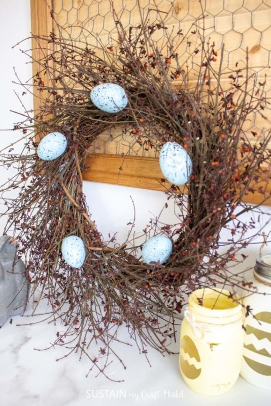Vine Wreath with Bird Nest Detail & Plaid Accents for Spring Decor