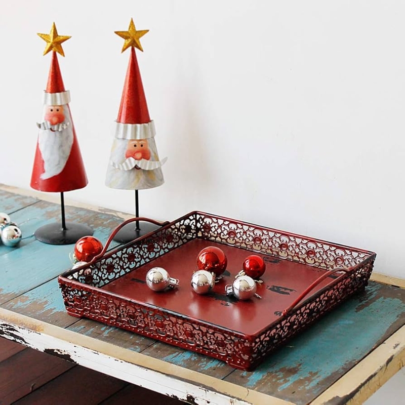 Vintage Burgundy Metal Tray, Distressed Square with Cutout Handles