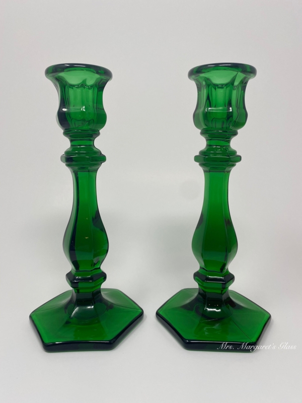 Vintage Emerald Glass Candlestick Holders Faceted Hexagonal Base Pair