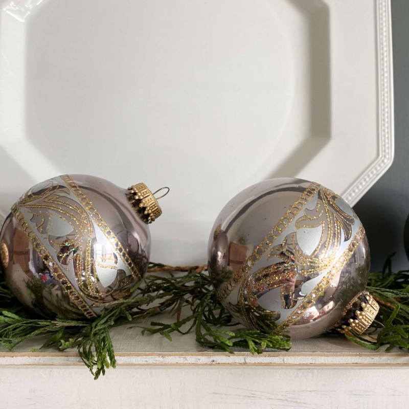 Vintage Glass Christmas Ornaments, Glitter Scroll Motif