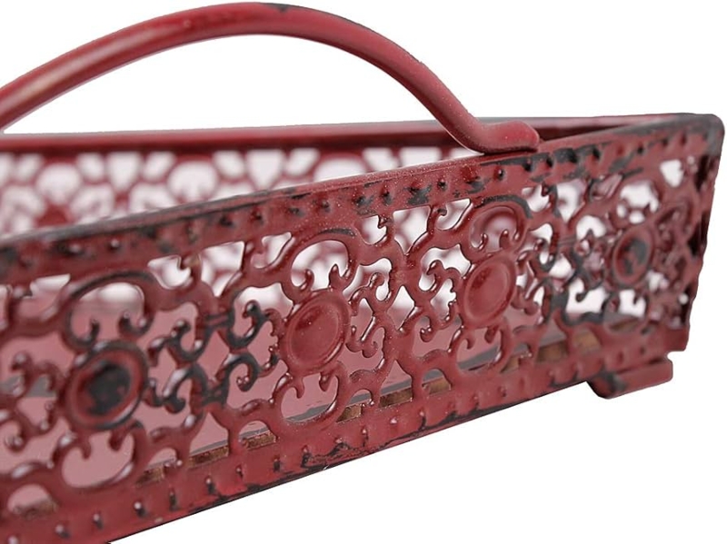 Vintage Industrial Burgundy Serving Tray, Distressed Metal Square