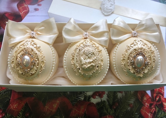 Vintage Ivory Lace Ornament with Pearl Beading and Ribbon Bow Accents