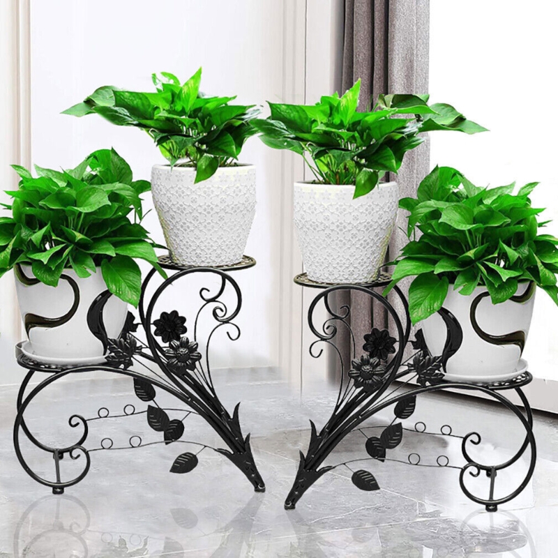 Vintage Metal Plant Stand Set With Scrollwork Details and Asymmetrical Tiers