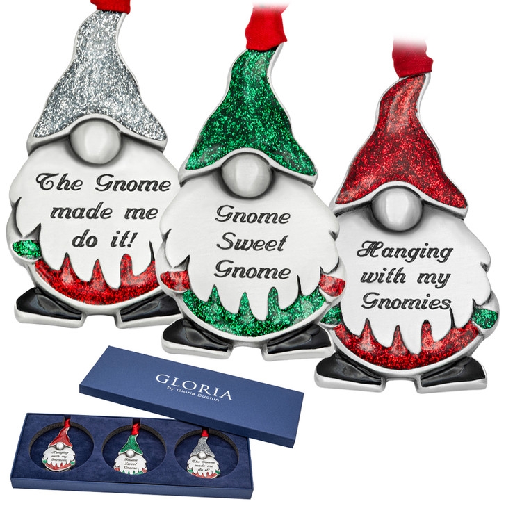 Vintage Metallic Gnome Ornaments Brushed Pewter Metal Set of 3
