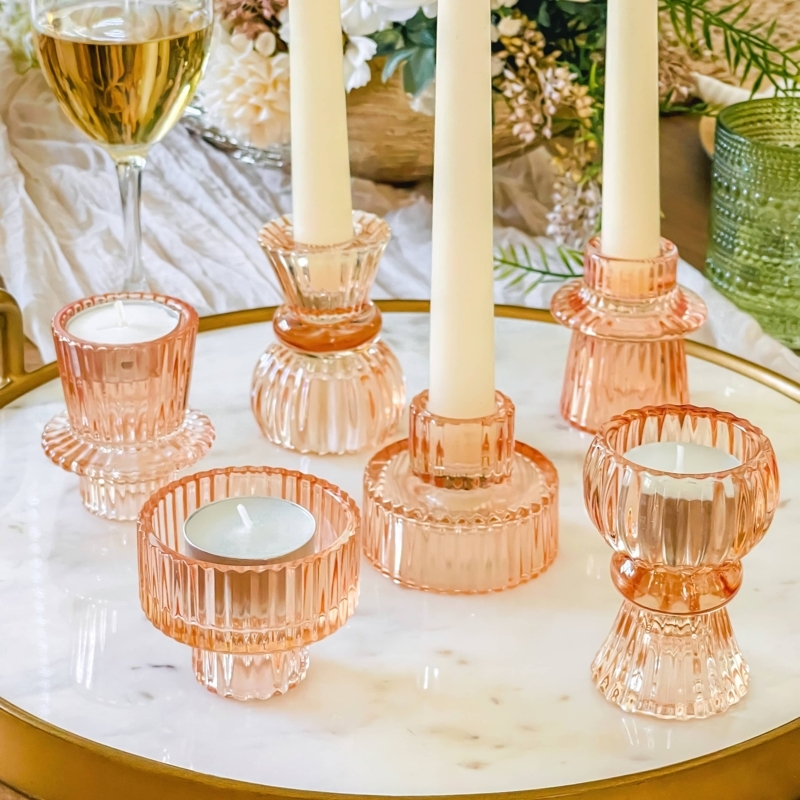 Vintage Pink Glass Candle Holder Set Ribbed Rose Gold Assorted