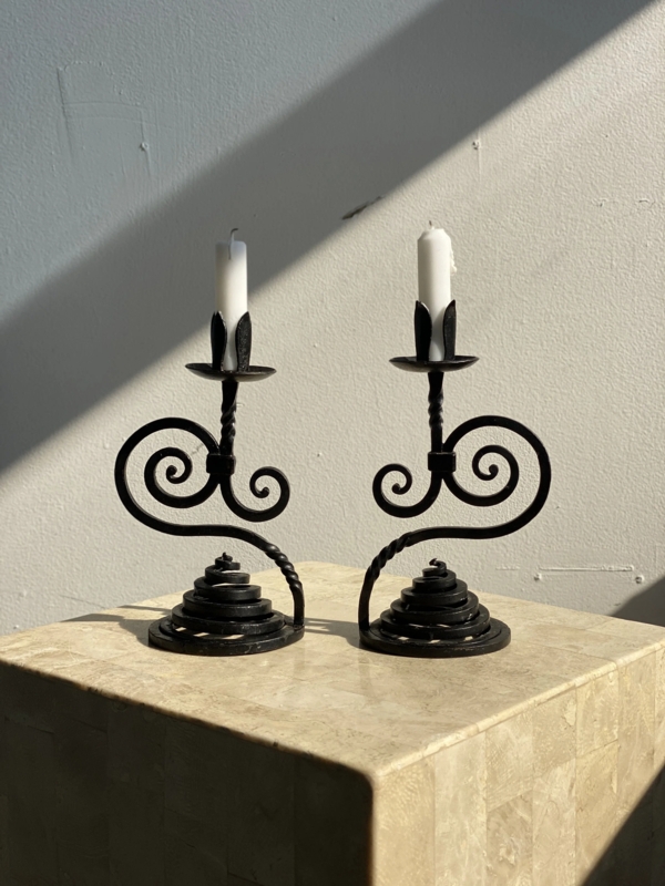 Vintage Spanish Wrought Iron Candlesticks: Scrolling Tripod Base