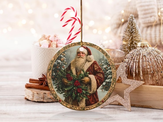 Vintage Style Santa Ornament Sculpted Beard Holding Staff Sack