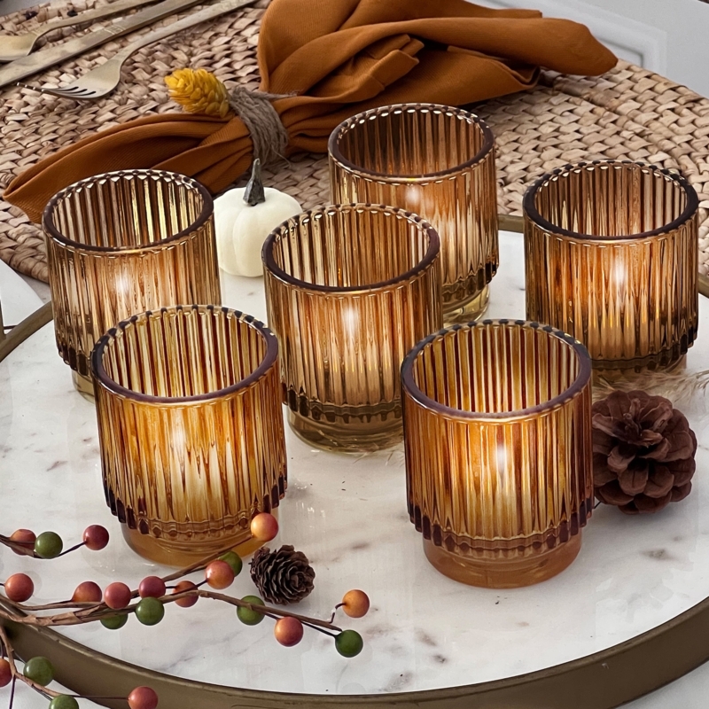 Votive Candle Holder Amber Ribbed Glass Warm Modern Tabletop Decor