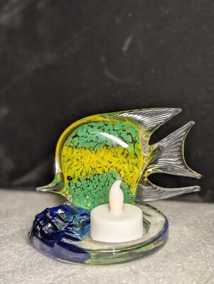 Votive Candle Holder Art Glass Panel Tropical Angelfish Design Curved