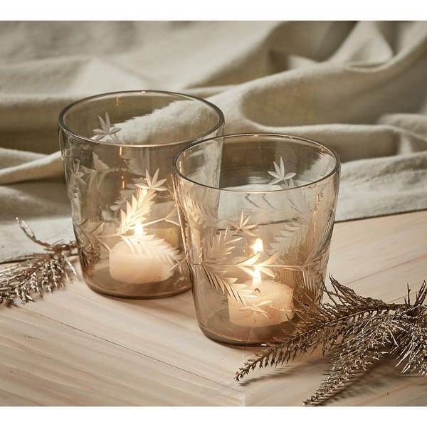 Votive Candle Holder Brown Ombre Glass Handcut Leaf Pattern