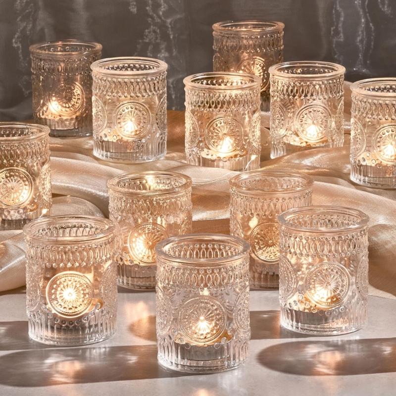Votive Candle Holder Bulk Set, Clear Ribbed Glass Tealights