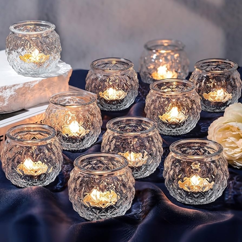Votive Candle Holder Clear Glass Diamond Texture Round Glam Set