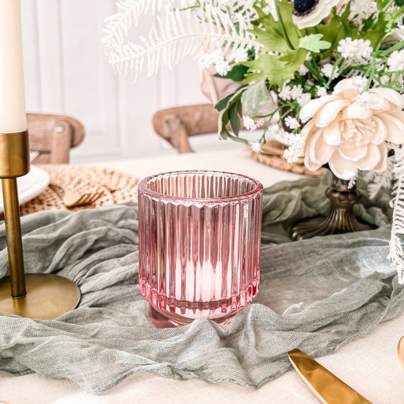 Votive Candle Holder Pair in Translucent Blush Pink Ribbed Glass