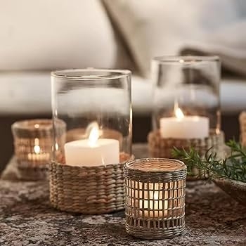 Votive Candle Holder Rattan Weave Glass Insert Cozy Coastal Decor