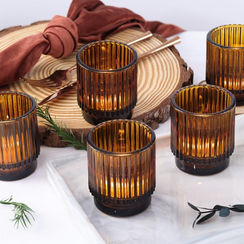 Votive Candle Holder Ribbed Amber Glass Boho Wedding Table Decor