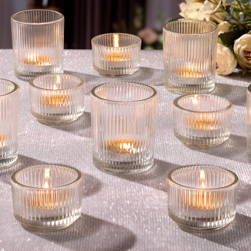 Votive Candle Holder Set Assorted Ribbed Textures Rustic Table Decor