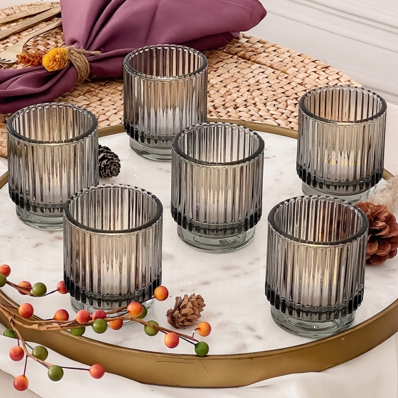 Votive Candle Holder Set of 6 in Smoke Gray Ribbed Glass