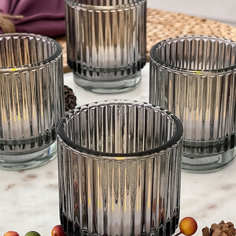 Votive Candle Holder Set of 6 with Smoke Gray Ribbed Surface