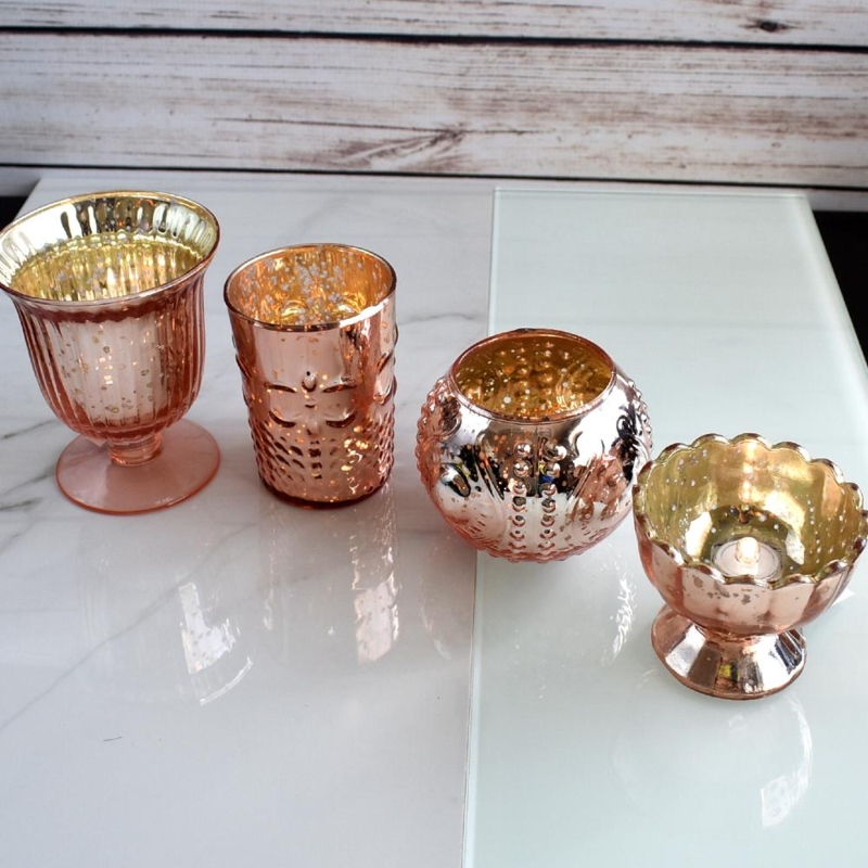 Votive Candle Holder Set Rose Gold Mercury Glass Assorted Textures