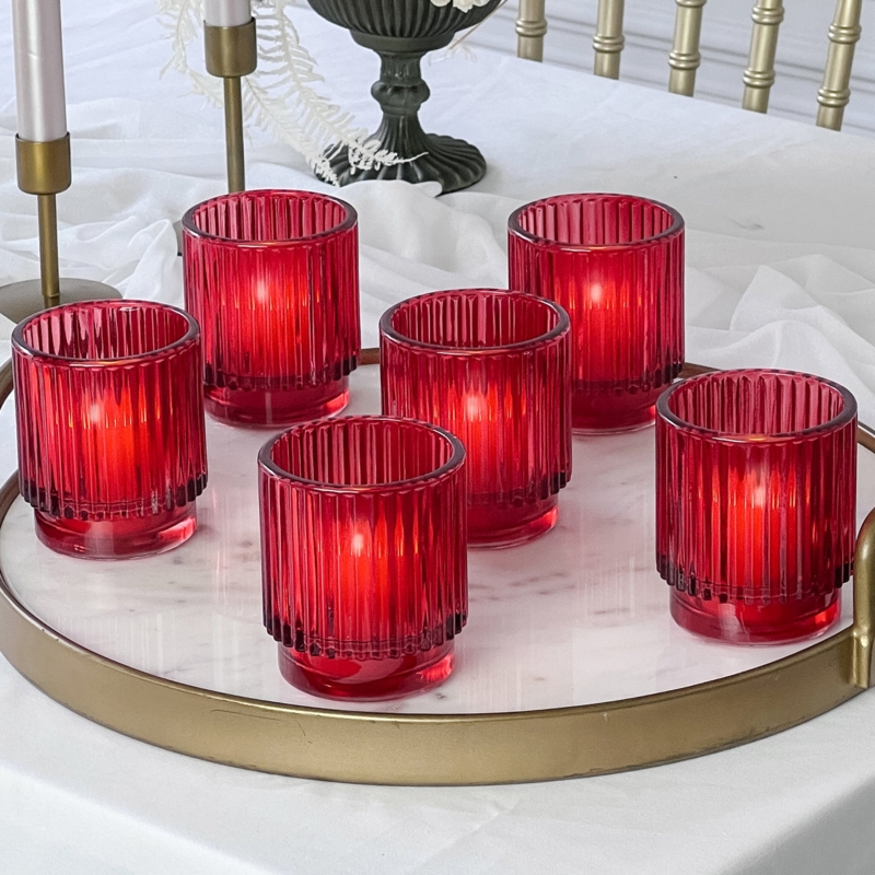 Votive Candle Holder Set, Ruby Red Glass Ribbed Table Decor