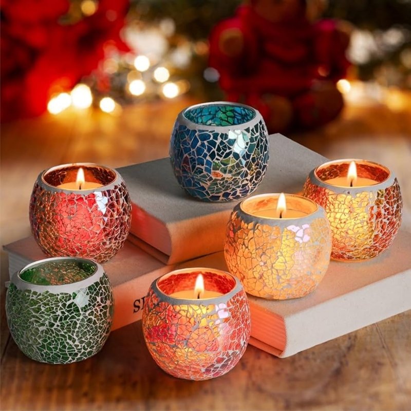 Votive Candle Holder Set Stained Glass Mosaic Jewel Toned Tea Lights