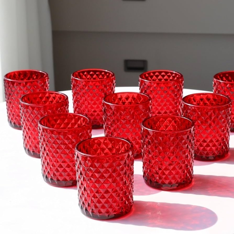 Votive Candle Holder Set, Studded Diamond Texture Red Glass