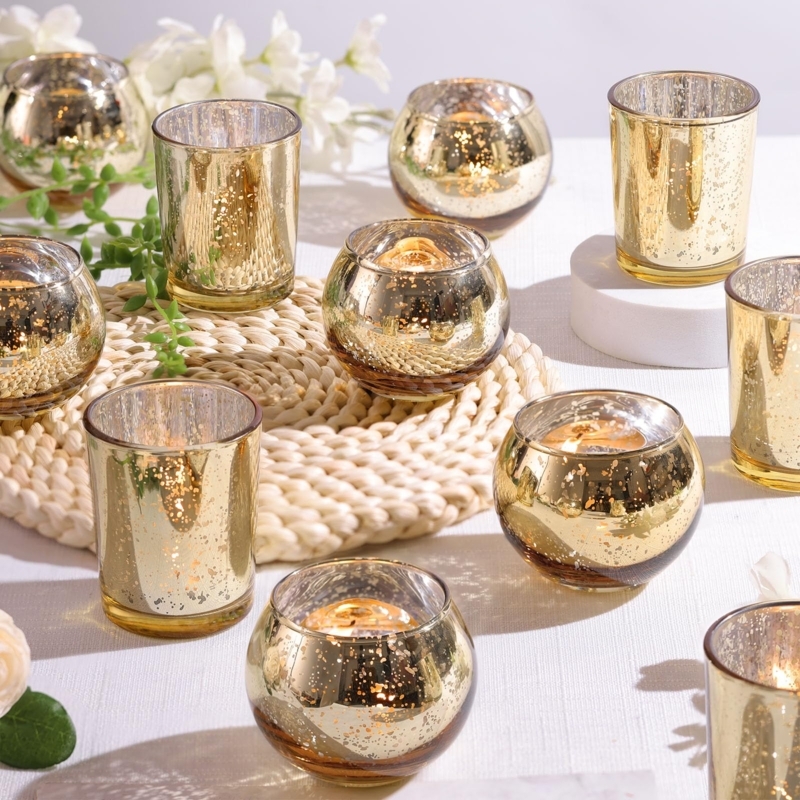 Votive Candle Holder Set with Assorted Geometric Textures in Mercury Glass.