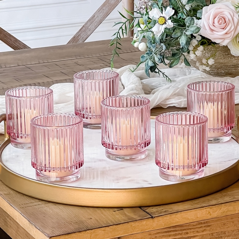Votive Candle Holder Set with Gold Rim Detail and Ribbed Glass