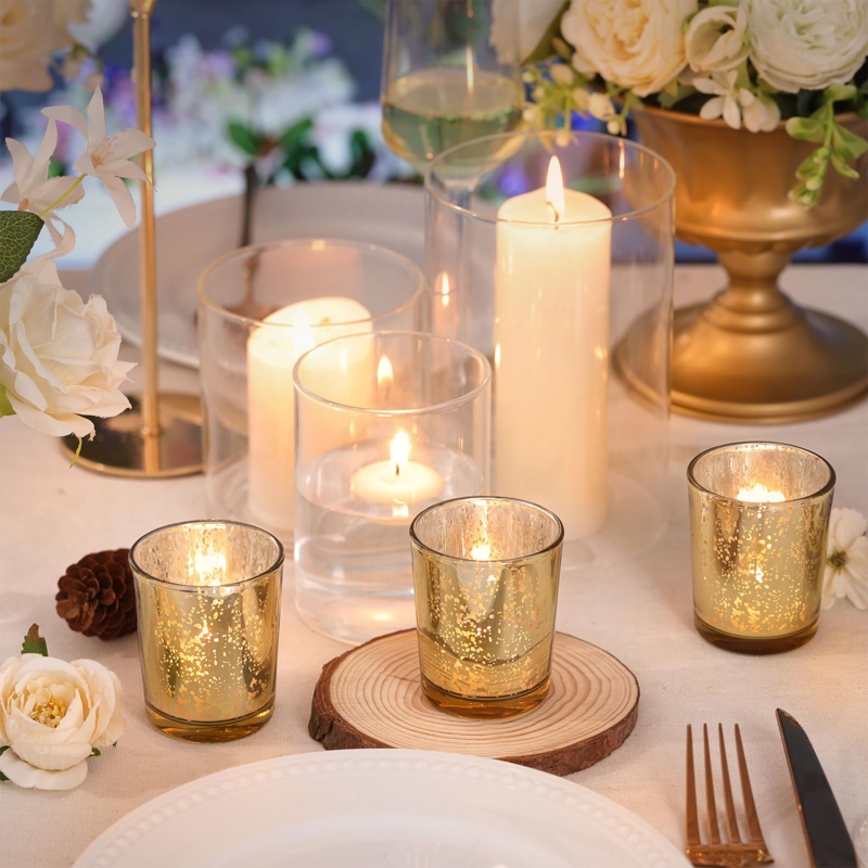 Votive Candle Holder Speckled Gold Mercury Glass Warm Ambient Lighting