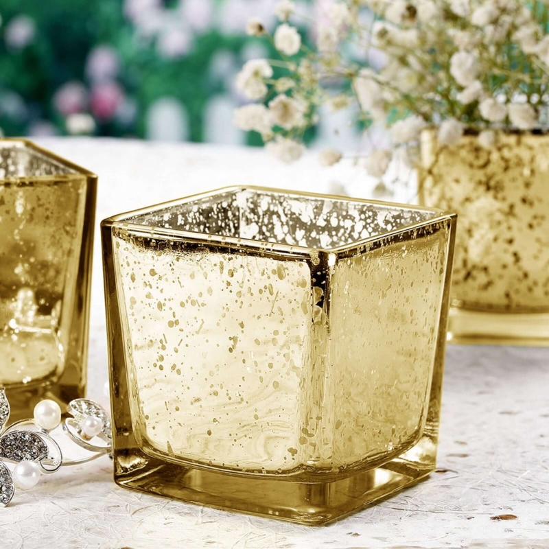 Votive Candle Holder, Square Gold Mercury Glass with Geometric Glitter.