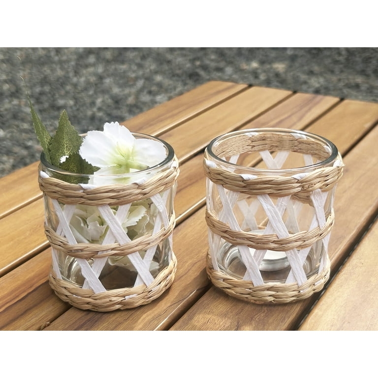 Votive Candle Holder Whitewashed Rattan Woven Texture Glass Set