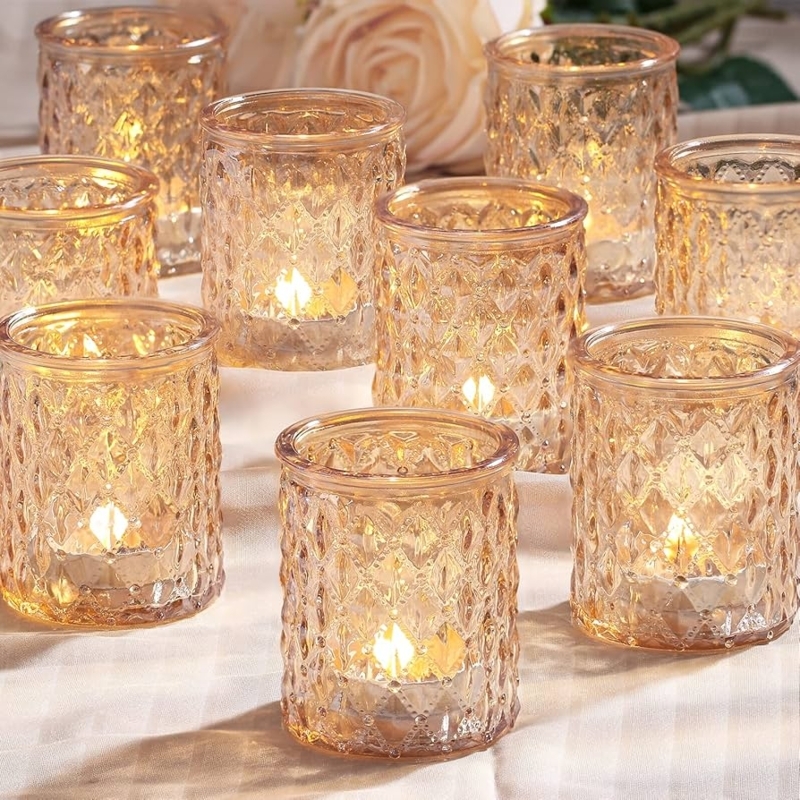 Votive Candle Holders, Gold Mercury Glass Set for Wedding Decor.
