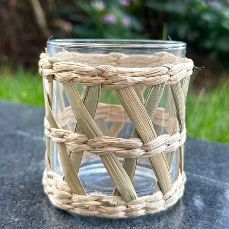 Votive Candle Holders Natural Rattan Glass Liners Woven Texture Set