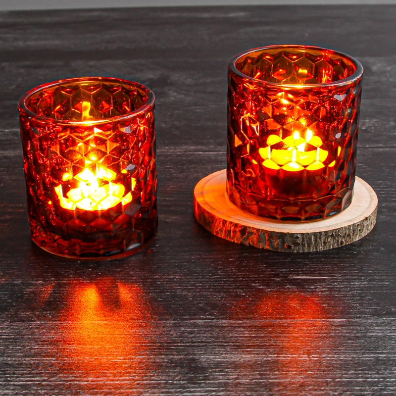 Votive Holder Amber Glass Chunky Honeycomb Pattern Modern Faceted
